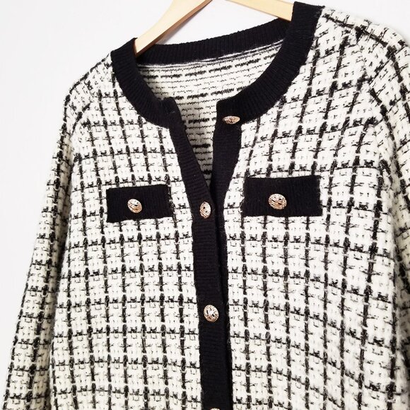 Oversized Tweed Textured Knit Cardigan Jacket Sweater OS Chunky Knit Pockets - Picture 9 of 16